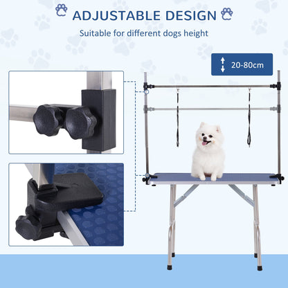 PawHut Adjustable Dog Grooming Table Rubber Top 2 Safety Slings Mesh Storage Basket Heavy Metal Blue 107 x 60 x 170cm