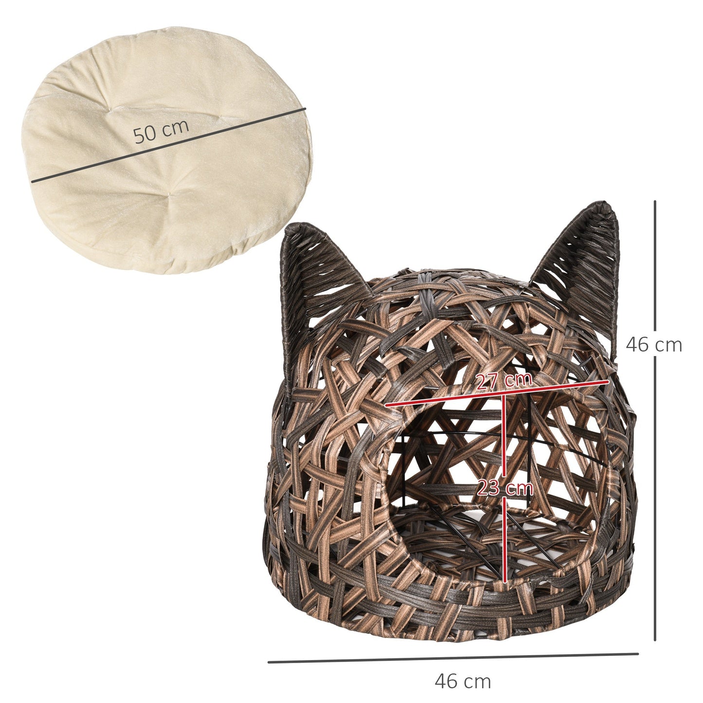 PawHut Wicker Cat Bed Rattan Kitten Basket Pet Den. House with Soft Cushion Brown