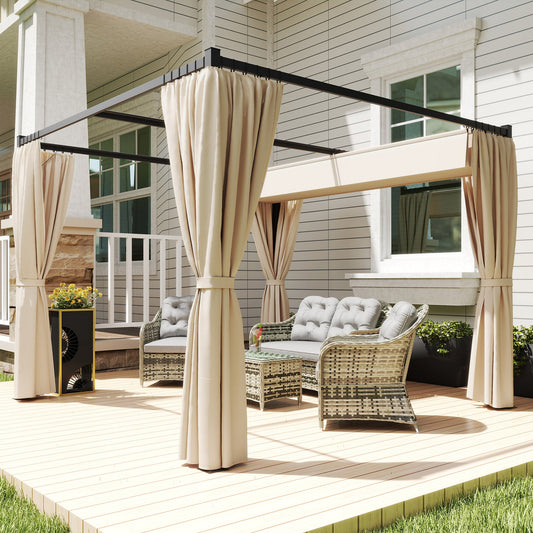 Outsunny 3 x 3(m) Rozsuwana pergola, altana ogrodowa z zasłonami, do grilla, na patio, pokład, beżowa