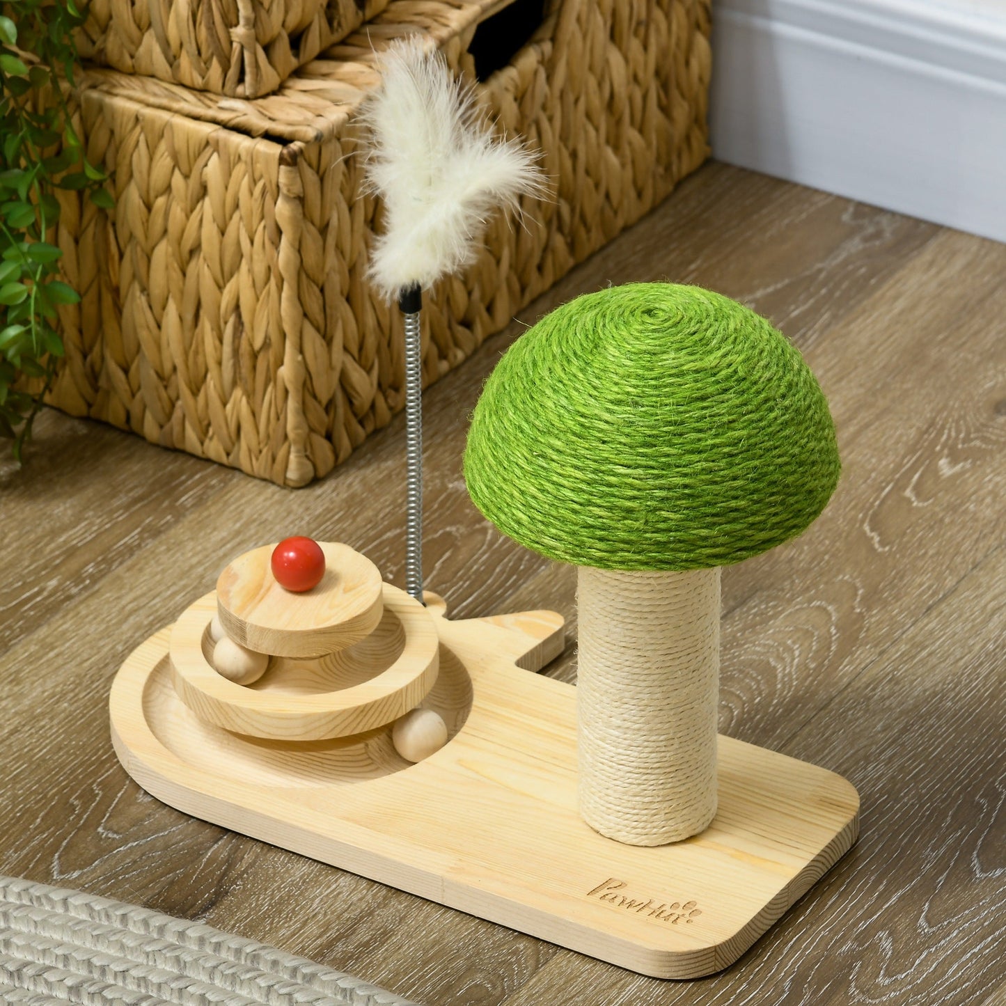 PawHut Mushroom-Shaped Cat Scratching Post, with Toy Balls, Feather for Indoor Cats, 35 x 21 x 26cm - Natural Tone