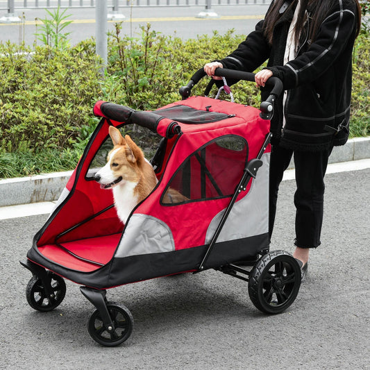 PawHut Pet Stroller Dog Foldable Travel Carriage with Adjustable Handle Red