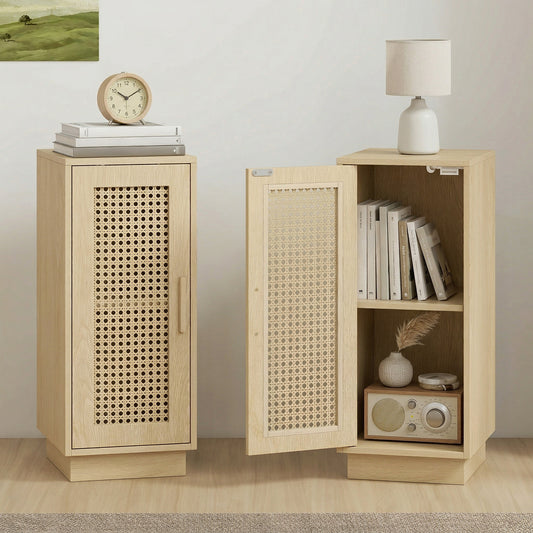 HOMCOM Set of 2 Bedside Tables with Rattan-Decor Doors in a Natural Wood Finish, image 2