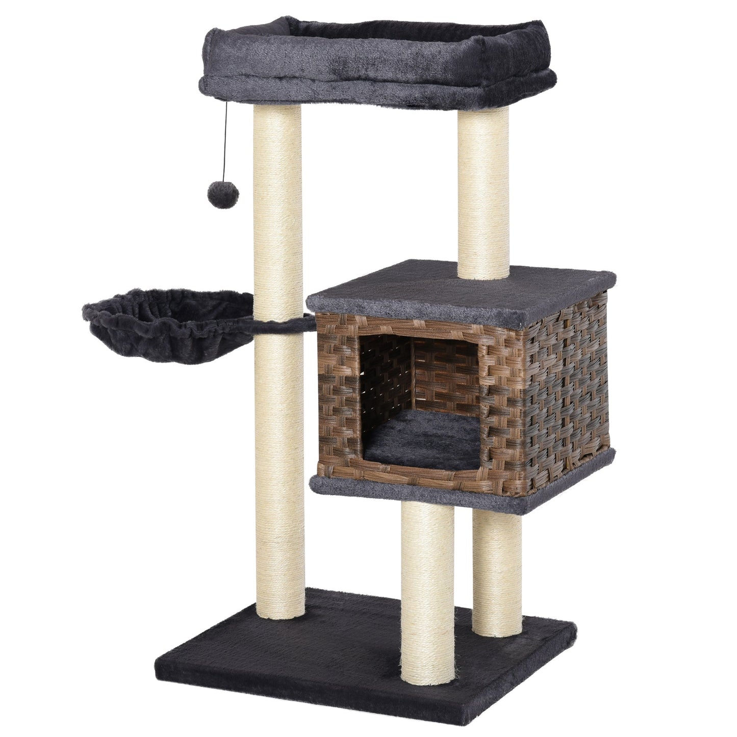 PawHut Cat Tree Tower w/ Sisal Posts Condo Hanging Ball Cushion Perch PE Rattan