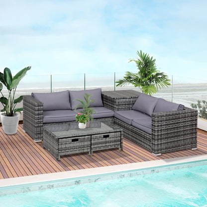 Outsunny 4-częściowy zestaw mebli ogrodowych z rattanu, wikliny, na patio, sofa, przechowywanie i stół z 2 szufladami, stolik kawowy, świetna, wyściełana sofa narożna z 4 miejscami - szary