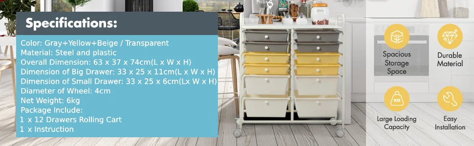 12 Drawers Rolling Storage Cart with 4 Wheels and Brakes-Clear