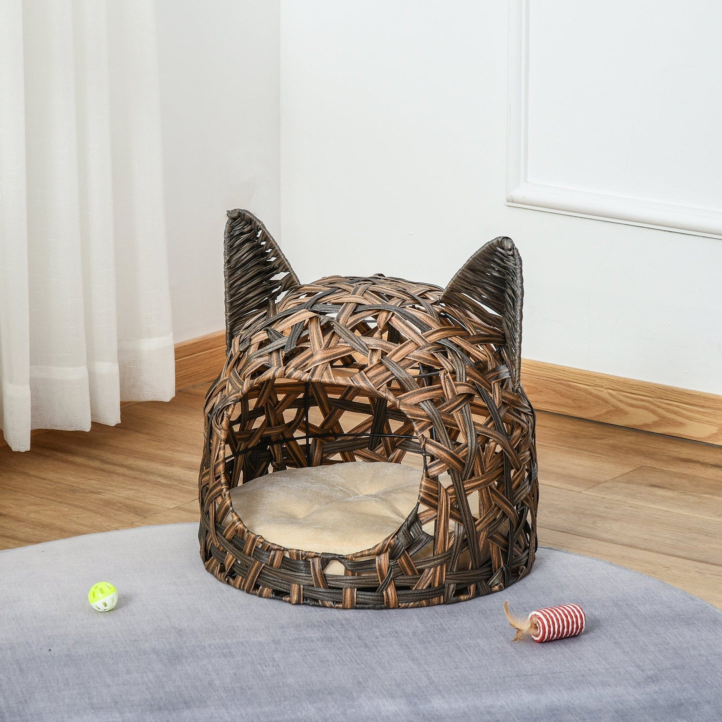 PawHut Wicker Cat Bed Rattan Kitten Basket Pet Den. House with Soft Cushion Brown