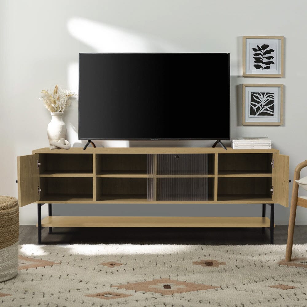 Wooden TV Cabinet with Open Shelving and Metal Legs