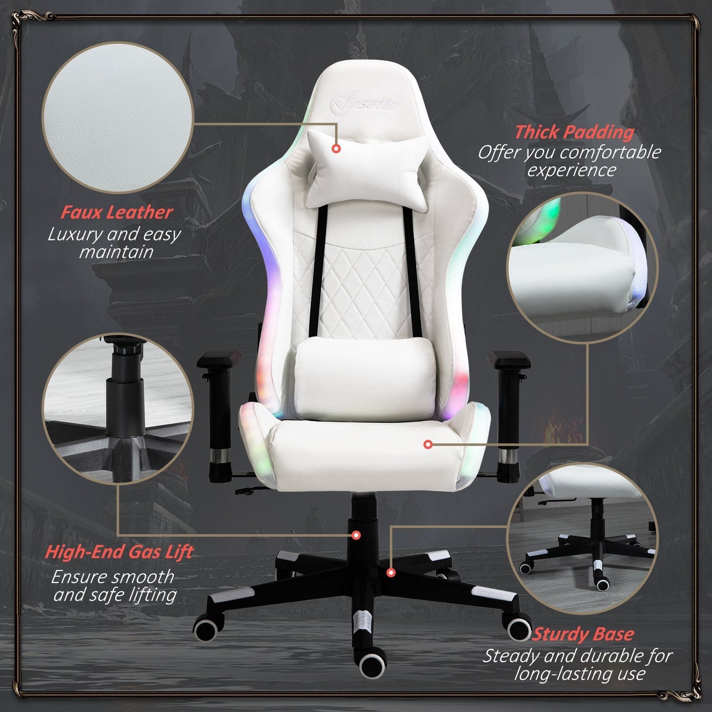 Vinsetto Gaming Chair w/ RGB LED Light, Arm, Swivel Home Office Gamer Recliner, White