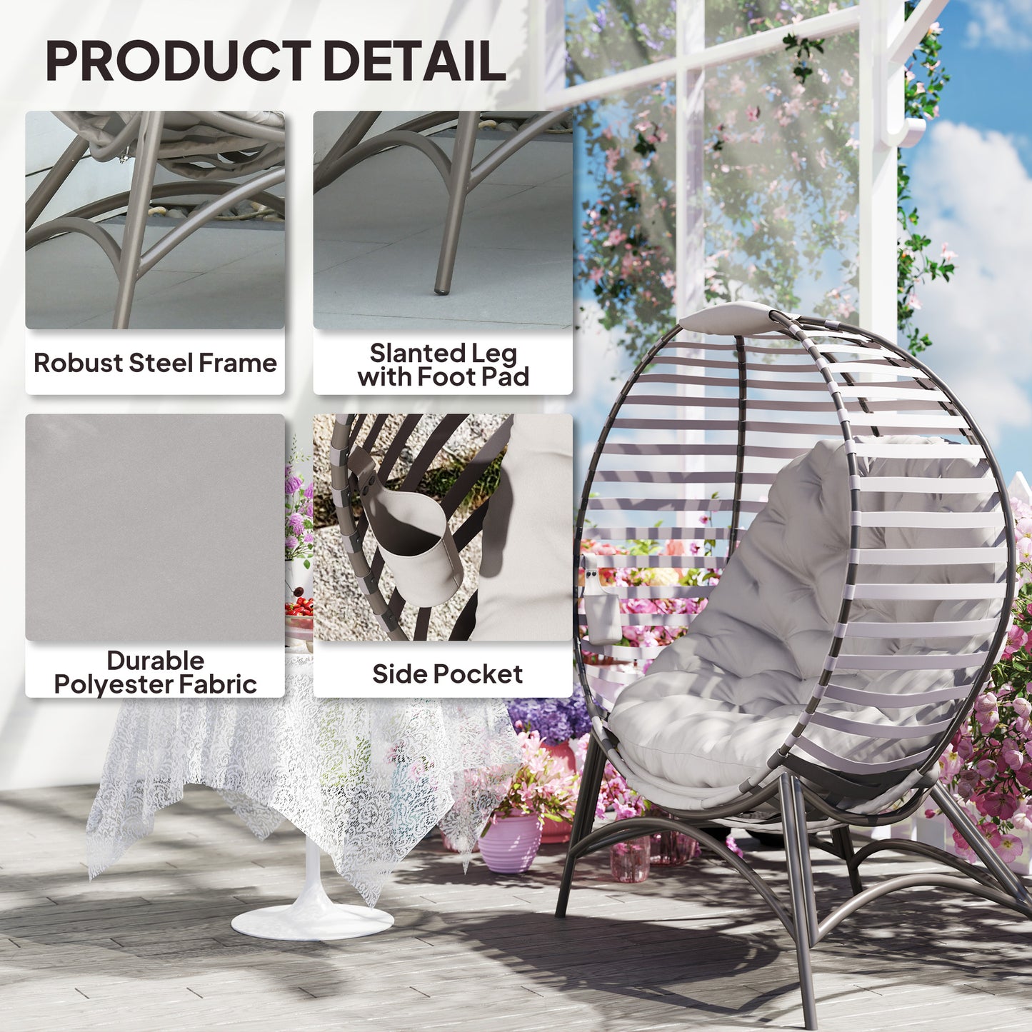 Outsunny Egg Chair with Cushion & Side Pocket - Light Grey
