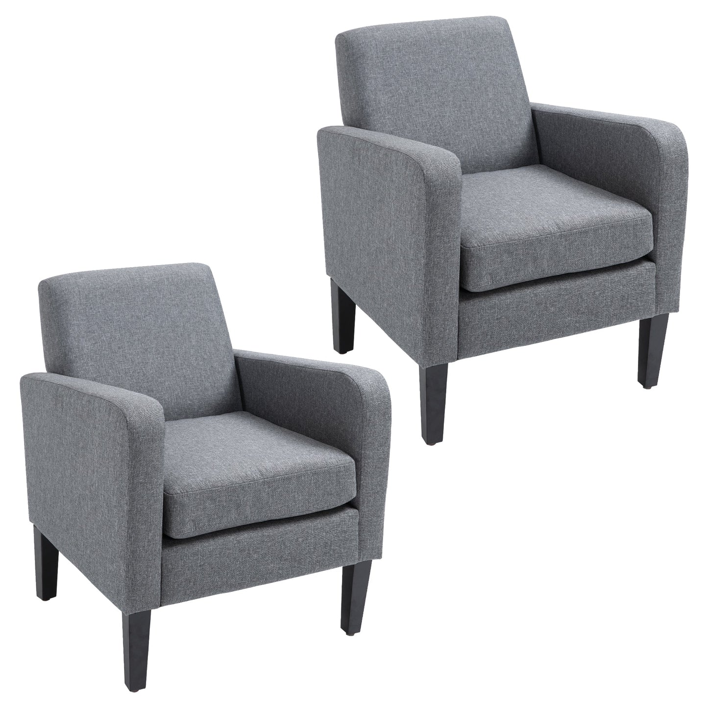 HOMCOM 2 Pieces Modern Armchairs with Rubber Wood Legs, Upholstered Accent Chairs, Single Sofa for Living Room, Bedroom, Grey