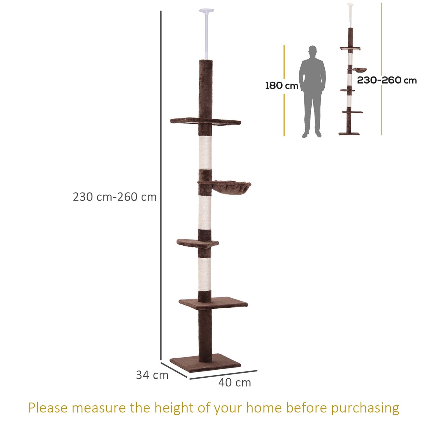 PawHut Floor to Ceiling Cat Tree for Indoor Cats 5-Tier Kitty Tower Climbing Activity Center Scratching Post Adjustable Height 230-260 cm Brown