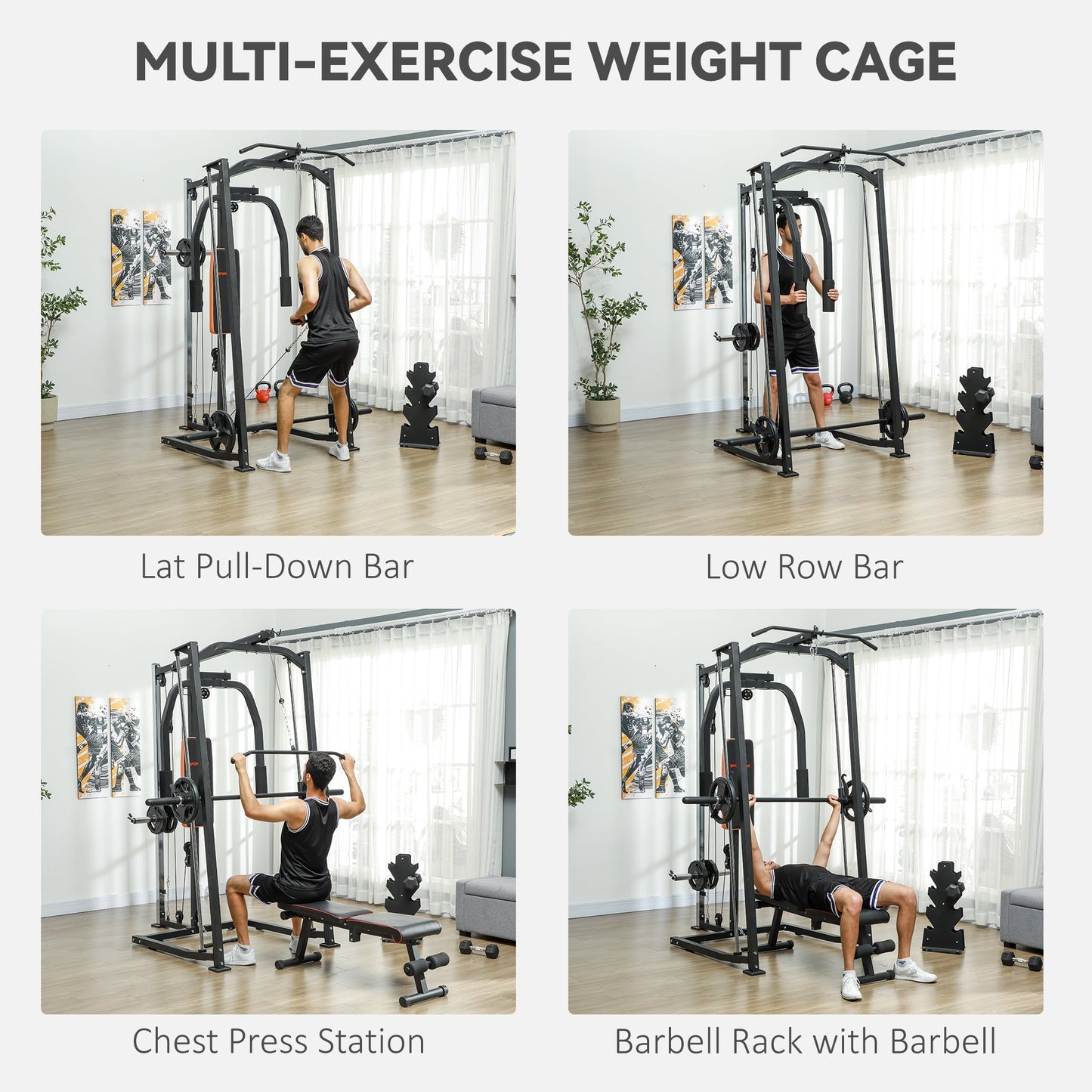 SPORTNOW 3-in-1 Smith Machine with Dual Cable Pulley System, Chest Press Station, 17-Level Squat Rack and Barbell Bar