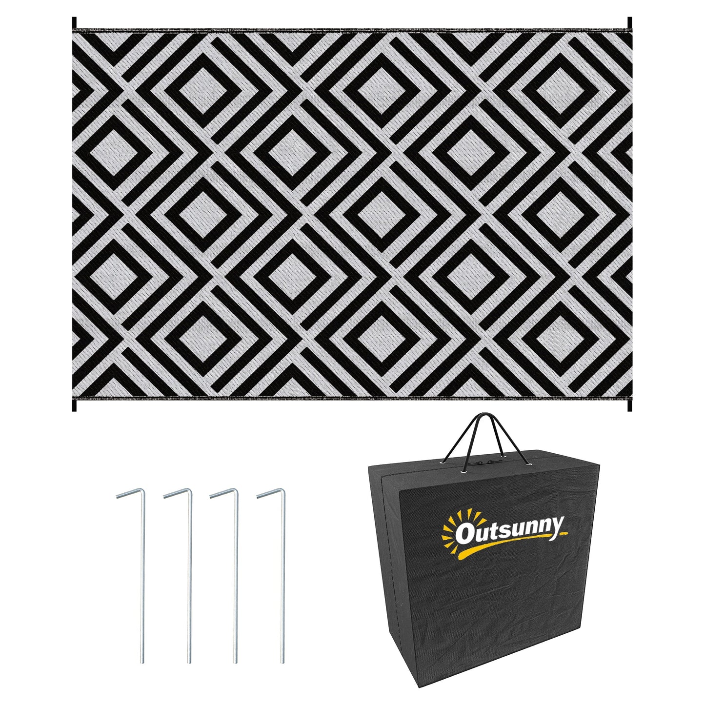 Outsunny Reversible Outdoor Rug, Plastic Straw Mat w/ Carry Bag Ground Stakes for Garden RV Picnic Beach Camping 182x274cm Black