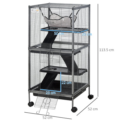 PawHut Small Animal Cage with Wheels Pet Home for Chinchillas, Ferrets, Kittens , Hammock, 4 Platforms and Removable Tray