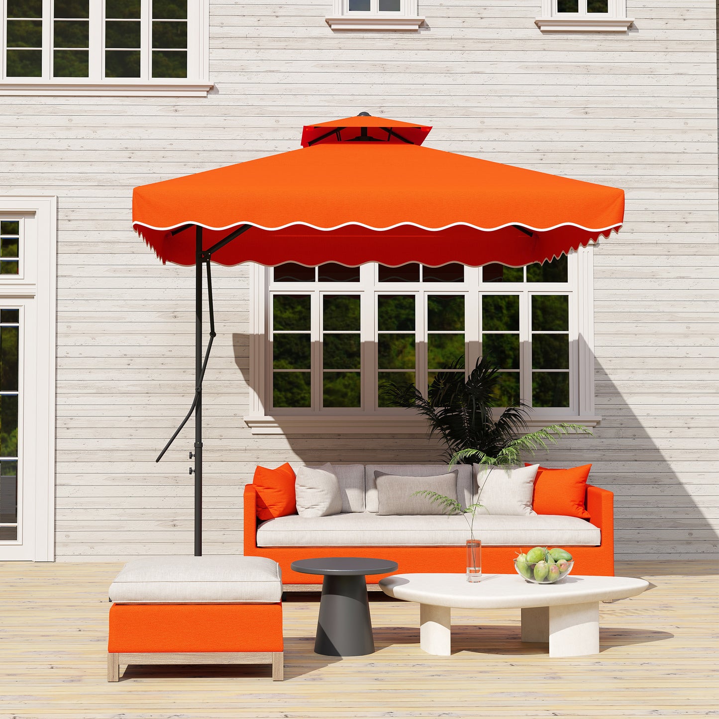 Outsunny 2,5 m parasol wspornikowy z łatwą dźwignią, kwadratowy podwójny parasol ogrodowy z falbankami i poprzeczną podstawą, zwisające osłony przeciwsłoneczne na zewnątrz, pomarańczowy