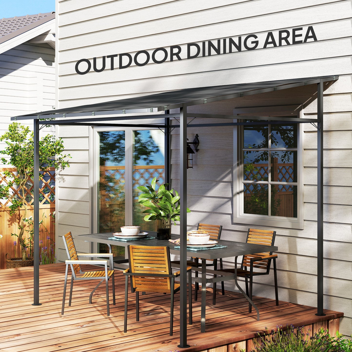 Outsunny 2,4 x 2,4 m Pergola ścienna z powłoką PA i metalową ramą, UPF30+, altana ogrodowa, wiatroodporna zewnętrzna osłona przeciwsłoneczna do ogrodu, tarasu, ciemnoszara