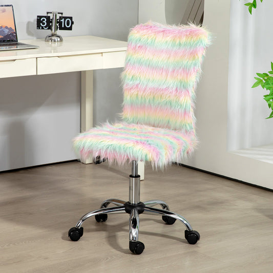 HOMCOM Armless Computer Desk Chair, Fluffy Fabric Swivel Office Chair, Makeup Vanity Chair with Height Adjustable, Wheels, for Home Study Bedroom, Unicorn Tone