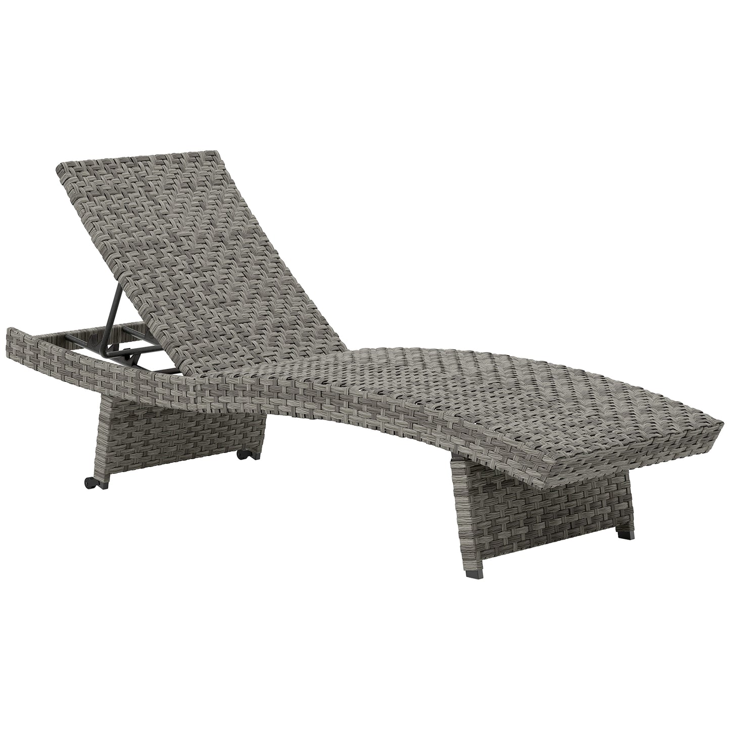 Outsunny Outdoor PE Rattan Leżak, składany wiklinowy leżak ogrodowy z oparciem regulowanym na 4 poziomach, rolowany leżak z kółkami, antypoślizgowe nogi na balkon, plaża, mieszany szary