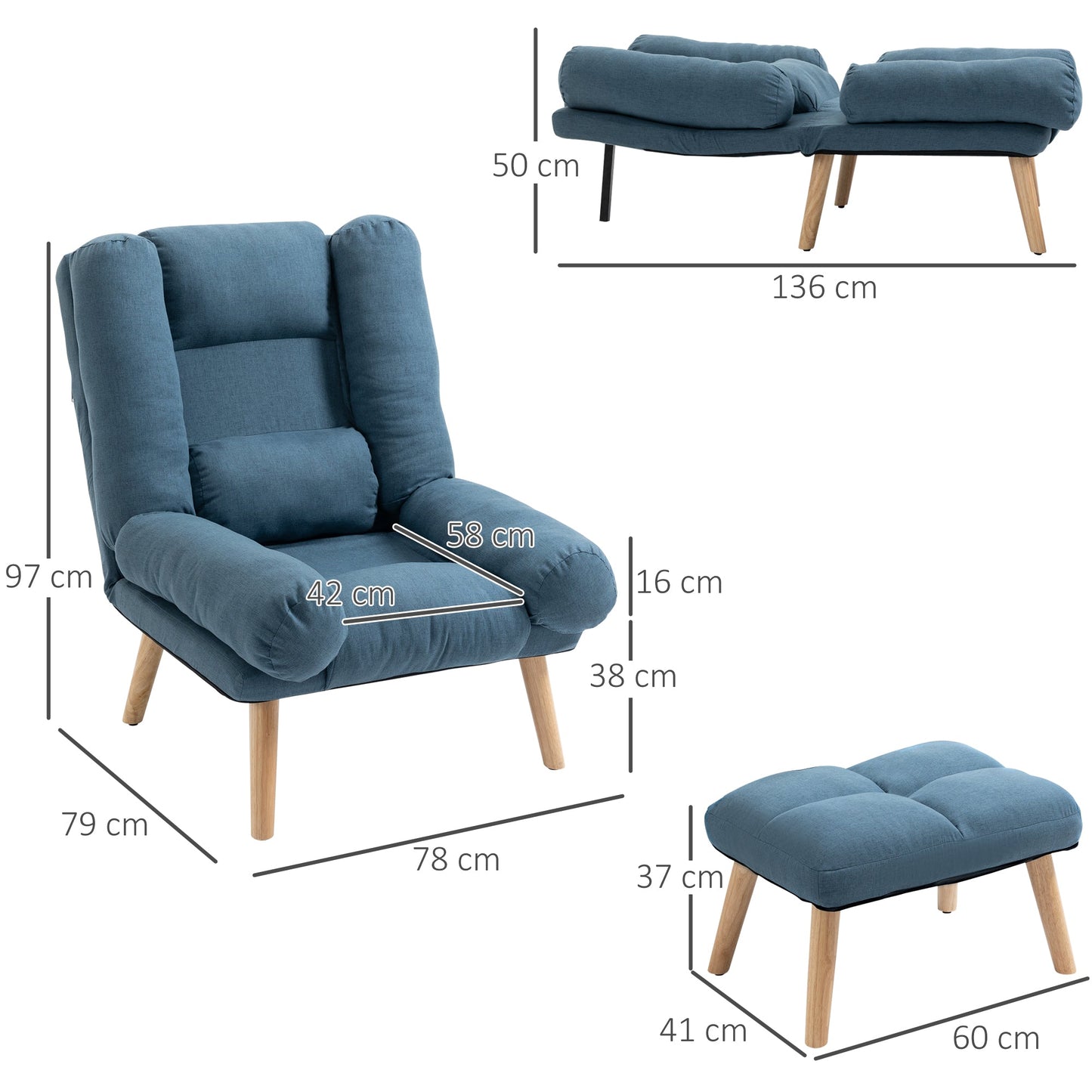 HOMCOM Armchair with Footstool, 180¡ Recliner with Ottoman, Accent Chair and Footstool with 3-Position Adjustable Backrest and Wooden Legs for Living Room, Blue