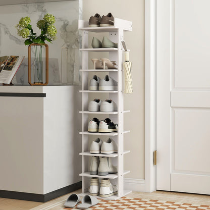 HOMCOM Shoe Rack 9-Tier Shoe Storage Organiser Top Tray Guardrail 2 Hooks 30 x 30 x 128.4 cm White