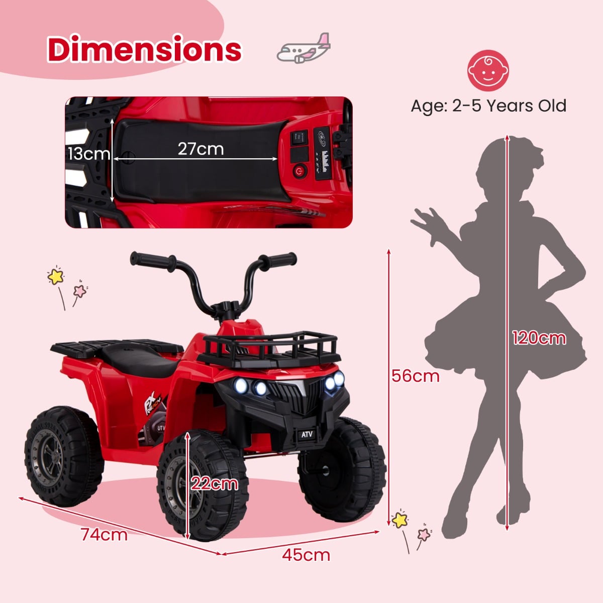 6V 4-Wheeler Quad Car with One-Button Start and Tread Tires-Red