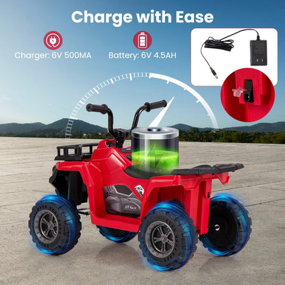 6V 4-Wheeler Quad Car with One-Button Start and Tread Tires-Red