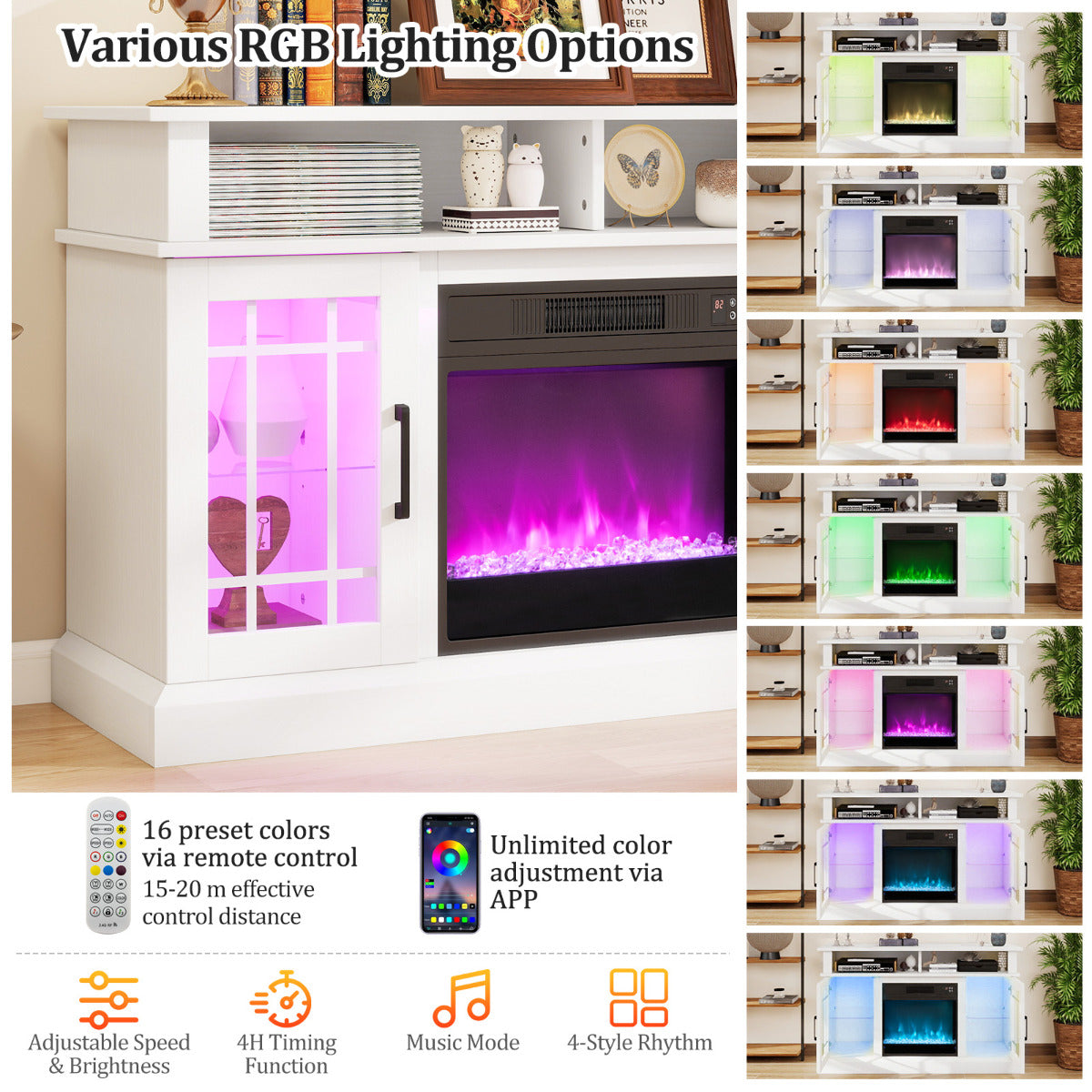 Electric Fireplace TV Stand with RGB LED Lights for TVs Up to 50 Inch-White