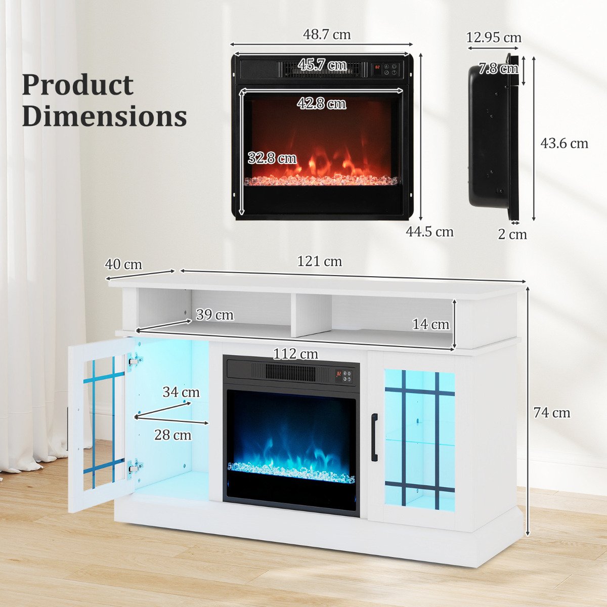 Electric Fireplace TV Stand with RGB LED Lights for TVs Up to 50 Inch-White