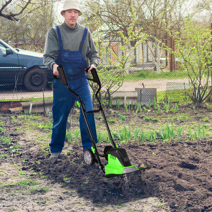 Electric Tiller and Cultivator with Foldable Handle and Adjustable Wheels-Green