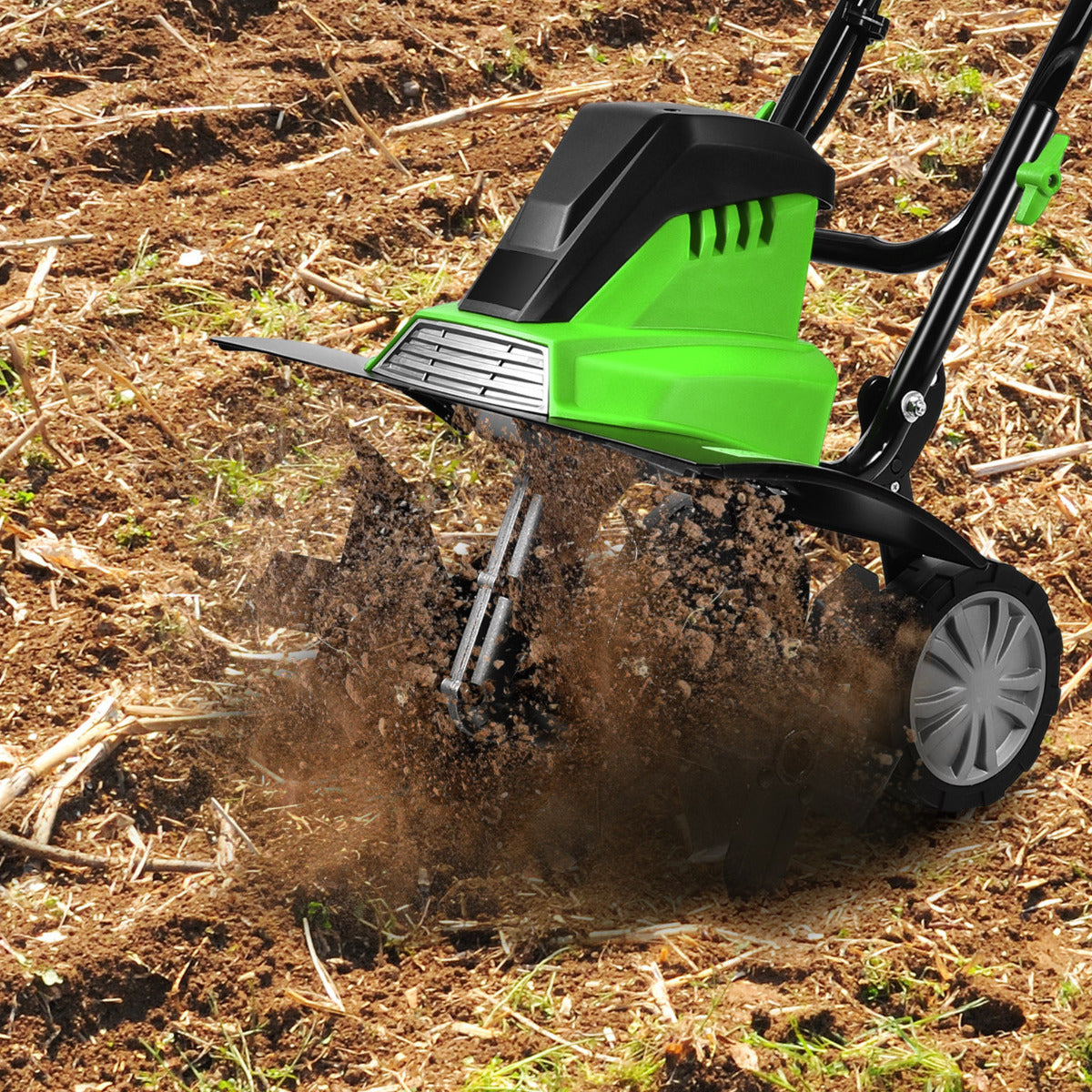 Electric Tiller and Cultivator with Foldable Handle and Adjustable Wheels-Green