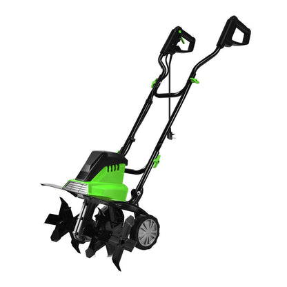 Electric Tiller and Cultivator with Foldable Handle and Adjustable Wheels-Green