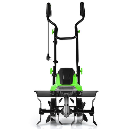 Electric Tiller and Cultivator with Foldable Handle and Adjustable Wheels-Green