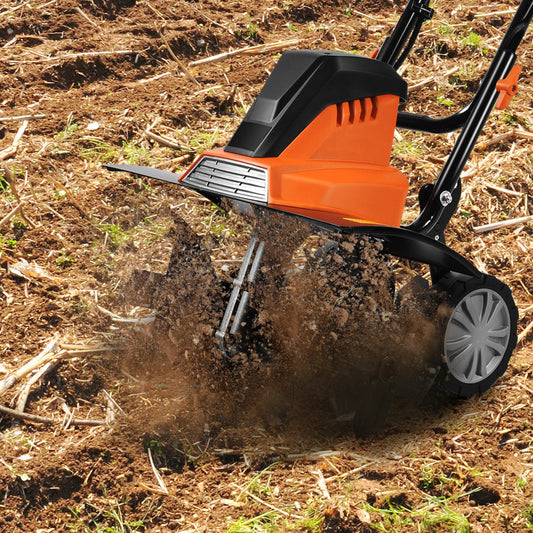 Electric Tiller and Cultivator with Foldable Handle and Adjustable Wheels-Orange
