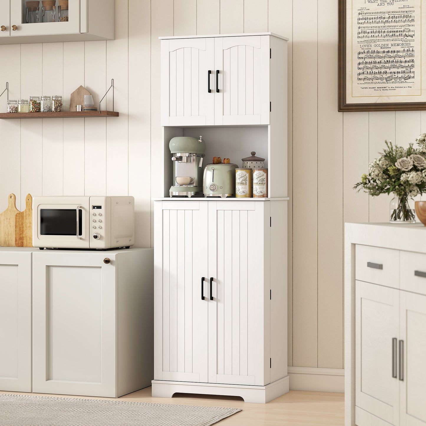 HOMCOM Tall kitchen buffet kitchen cabinet, 4 doors countertop 8 spice racks adjustable shelves 60x40x181.5cm white