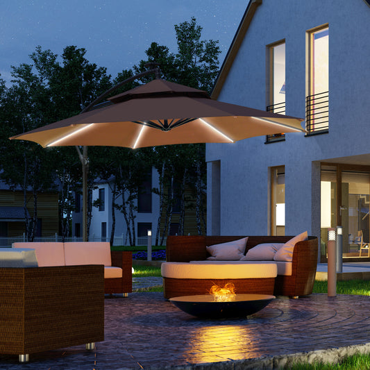 Parasol wiszący Outsunny 3(m) Cantilever Banana z podwójnym dachem, lampami solarnymi LED, korbą, 8 wytrzymałymi żebrami i podstawą krzyżową do użytku na zewnątrz, w ogrodzie, na patio, w kawiarni