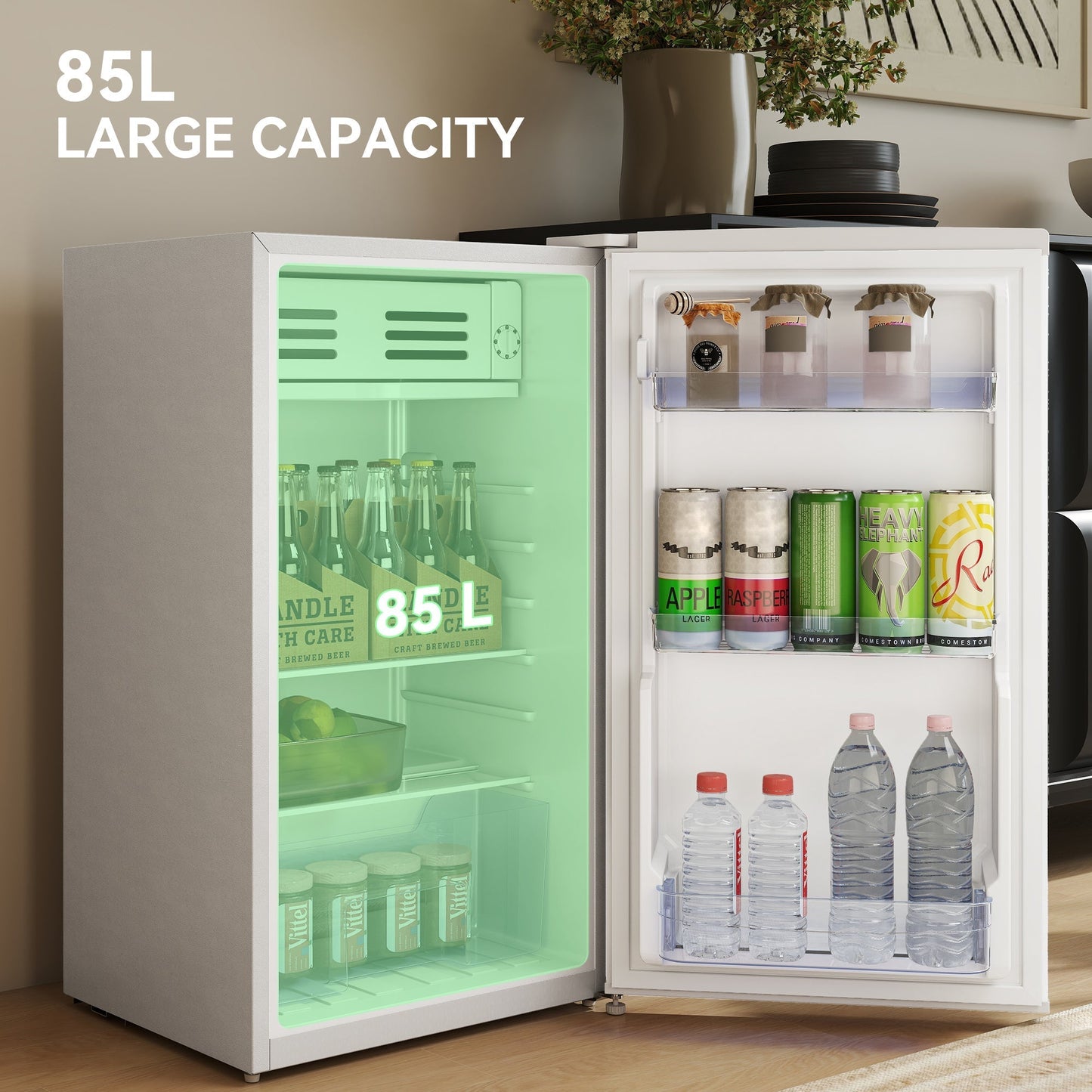 HOMCOM Under Counter Fridge, 85L Small Retro Refrigerator with Chiller Box, Adjustable Thermostat, Glass Shelves, White