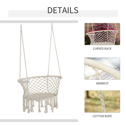 Outsunny Outdoor Hanging Rope Chair with Cotton Rope, Cotton-Polyester Blend Macrame Garden Hammock Chair with Support Backrest, for Patio, Garden, Porch, Living Room, Cream White