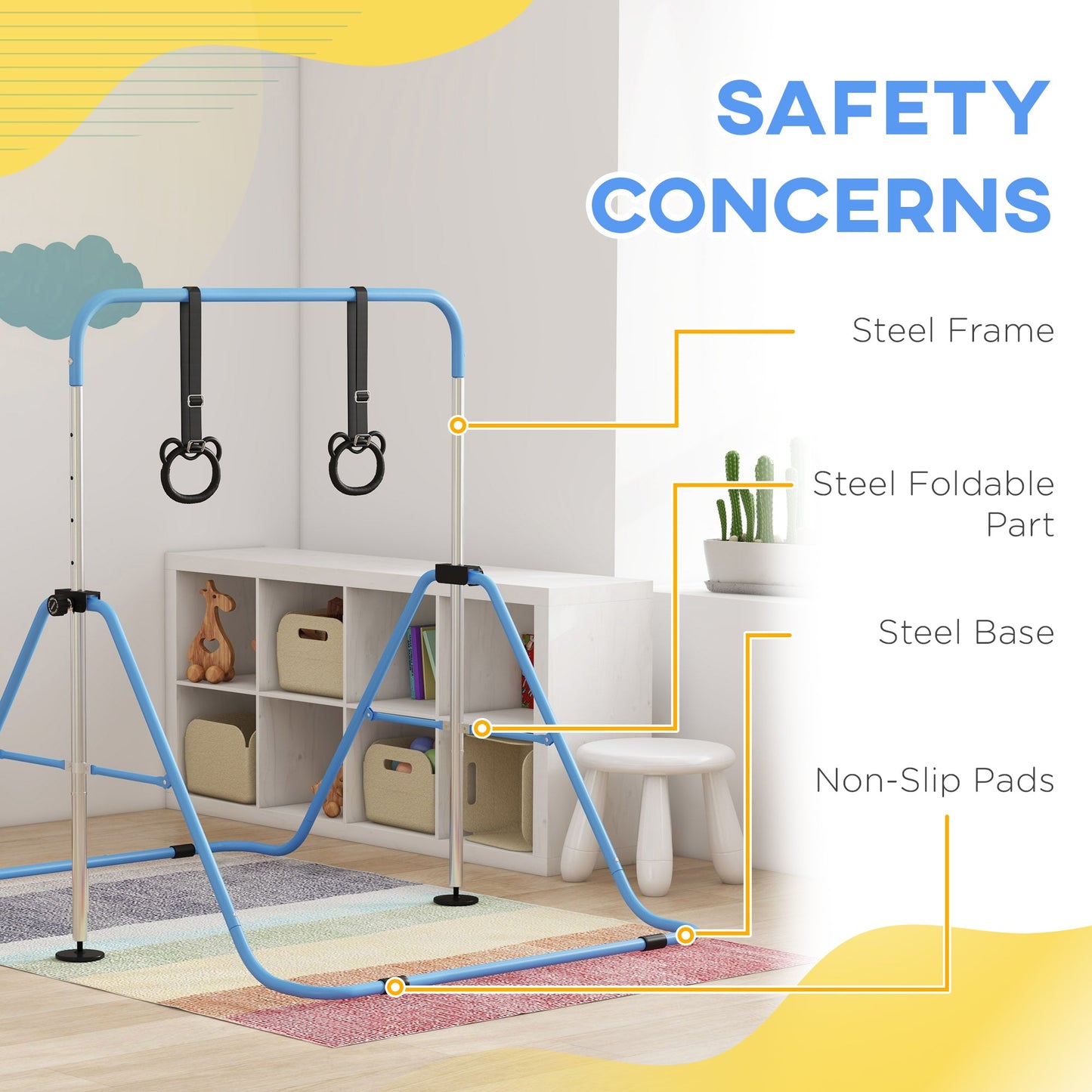 HOMCOM Adjustable Height, Foldable Kids Gymnastics Bar w/ Non-slip Rubber Floor Rings, for 3+ Years, Blue