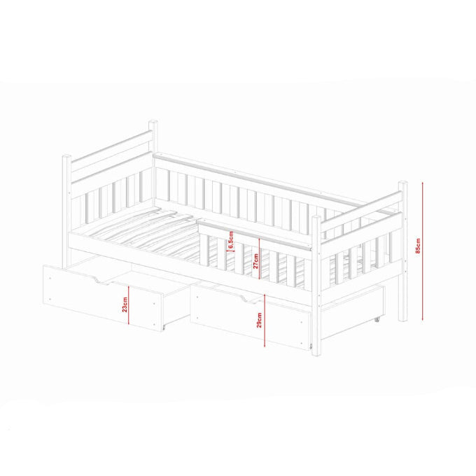 White wooden bed frame with dimensions on a white background