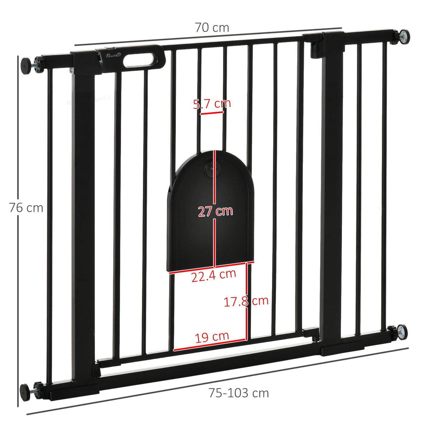 PawHut Dog Gate with Cat Flap Pet Safety Gate Barrier, Stair Pressure Fit, Auto Close, Double Locking, for Doorways, Hallways, 75-103 cm Black