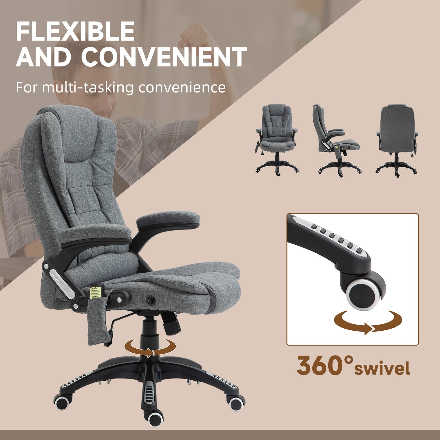 Vinsetto Massage Recliner Chair Heated Office Chair with Six Massage Points Linen-Feel Fabric 360¡ Swivel Wheels Grey