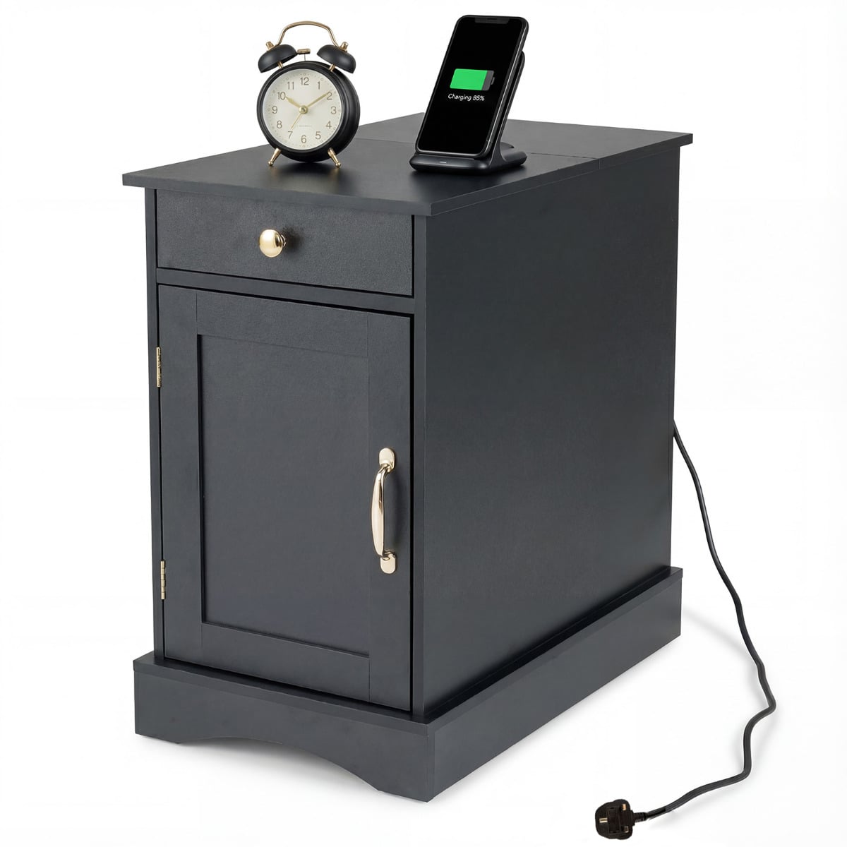 End Table Narrow Nightstand Bedside Table with Charging Station-Black
