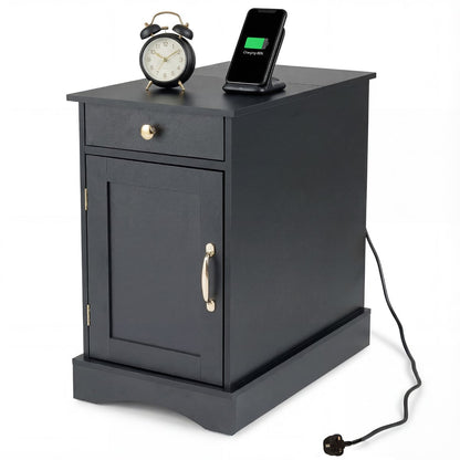 End Table Narrow Nightstand Bedside Table with Charging Station-Black