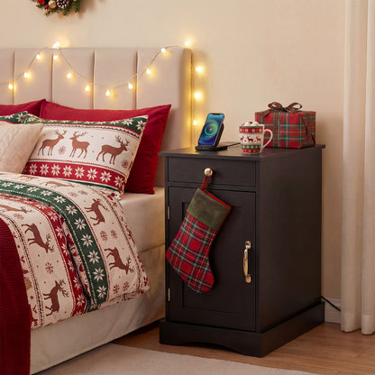 End Table Narrow Nightstand Bedside Table with Charging Station-Black