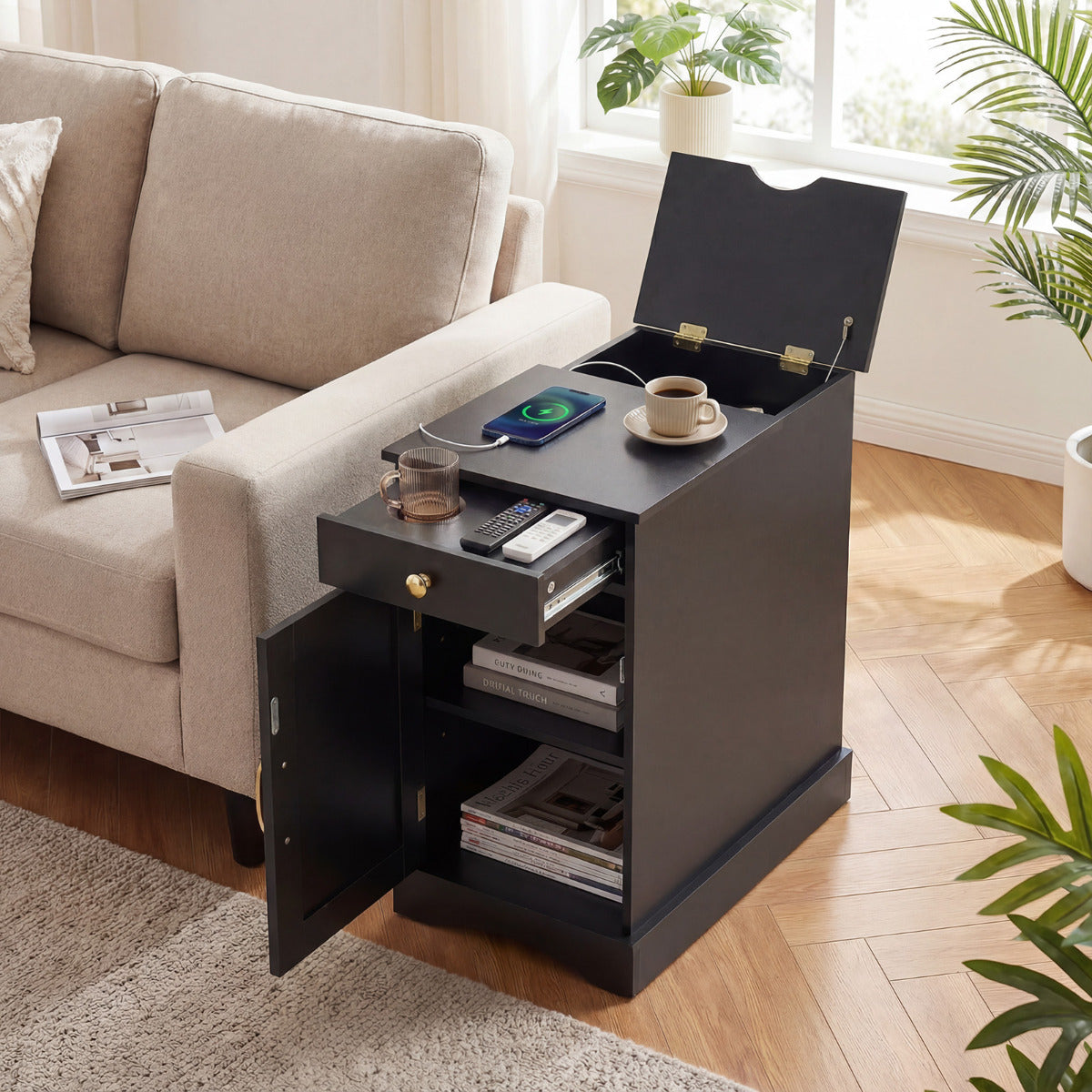End Table Narrow Nightstand Bedside Table with Charging Station-Black