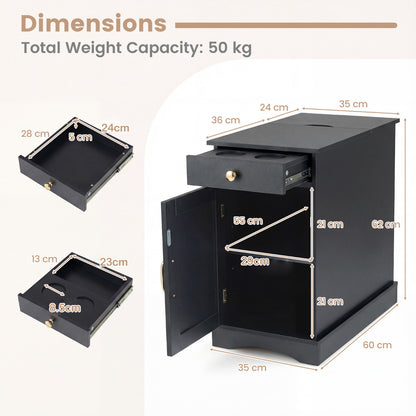 End Table Narrow Nightstand Bedside Table with Charging Station-Black