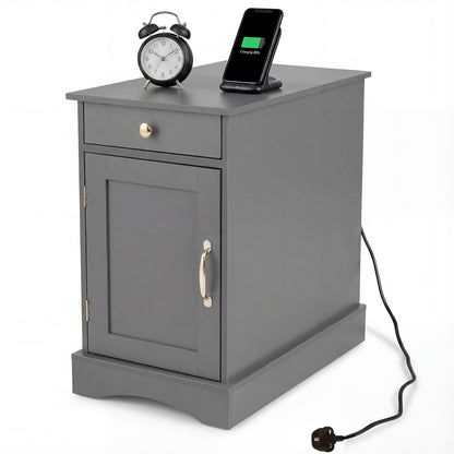 End Table Narrow Nightstand Bedside Table with Charging Station-Grey
