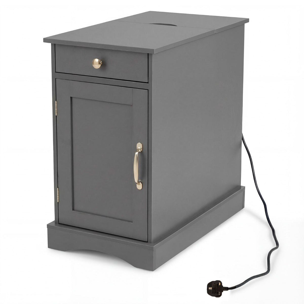 End Table Narrow Nightstand Bedside Table with Charging Station-Grey
