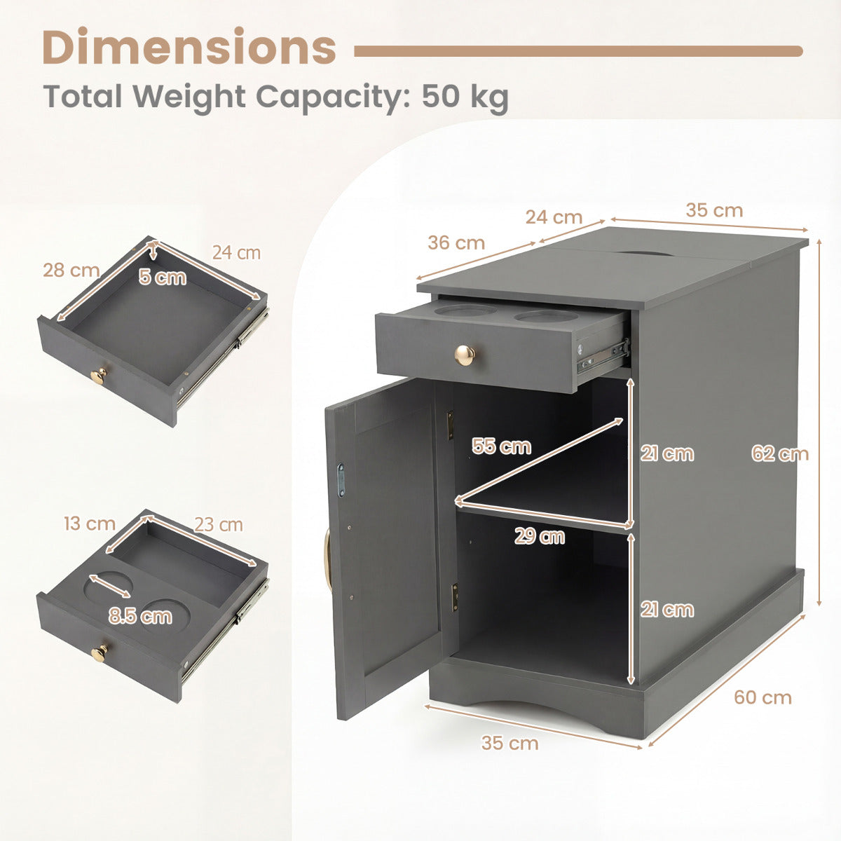End Table Narrow Nightstand Bedside Table with Charging Station-Grey