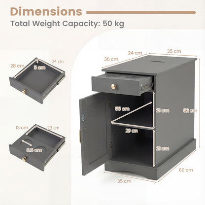 End Table Narrow Nightstand Bedside Table with Charging Station-Grey